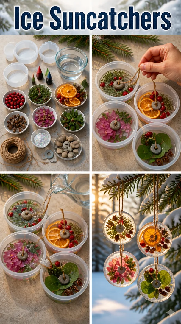 Colorful ice suncatchers hanging in a garden catching sunlight