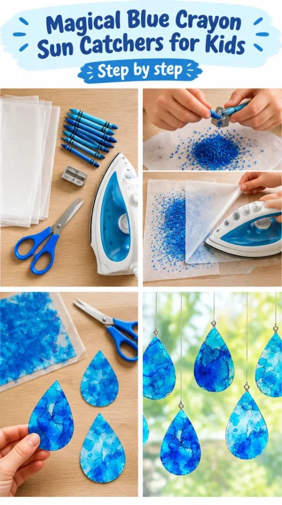 Magical blue crayon sun catchers made by kids, colorful and bright.