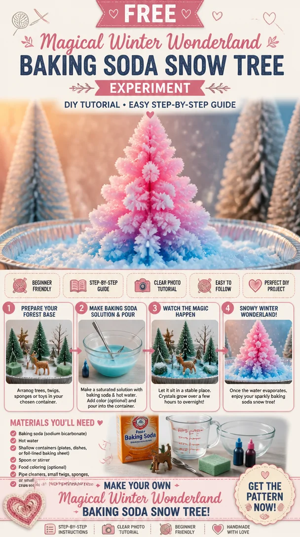 Baking soda snow experiment creating a winter wonderland with a tree.