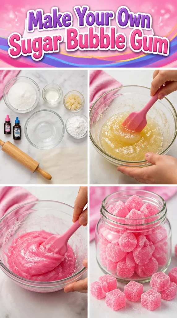 Homemade sugar bubble gum recipe ingredients and finished product