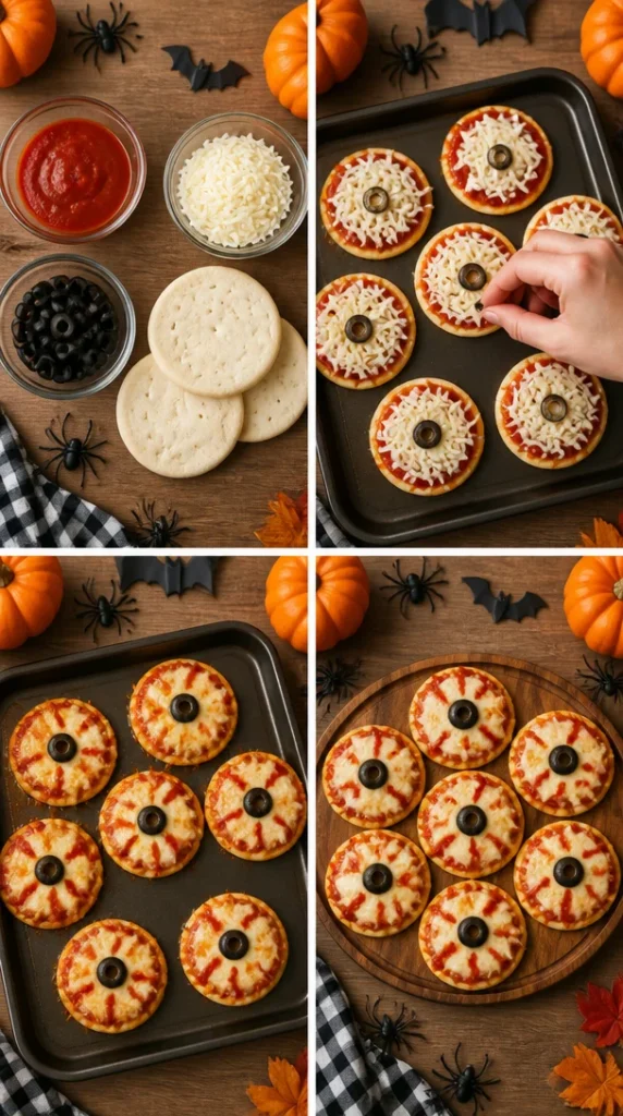 Mini eyeball pizzas served on a platter for a festive party.