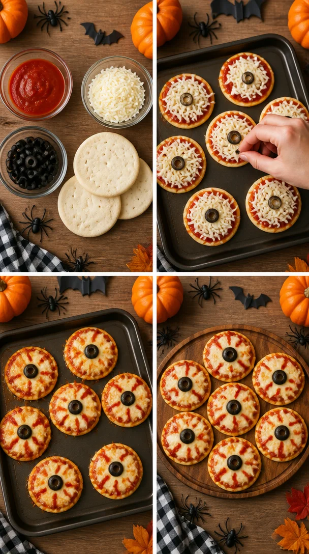 Mini eyeball pizzas served on a platter for a festive party.