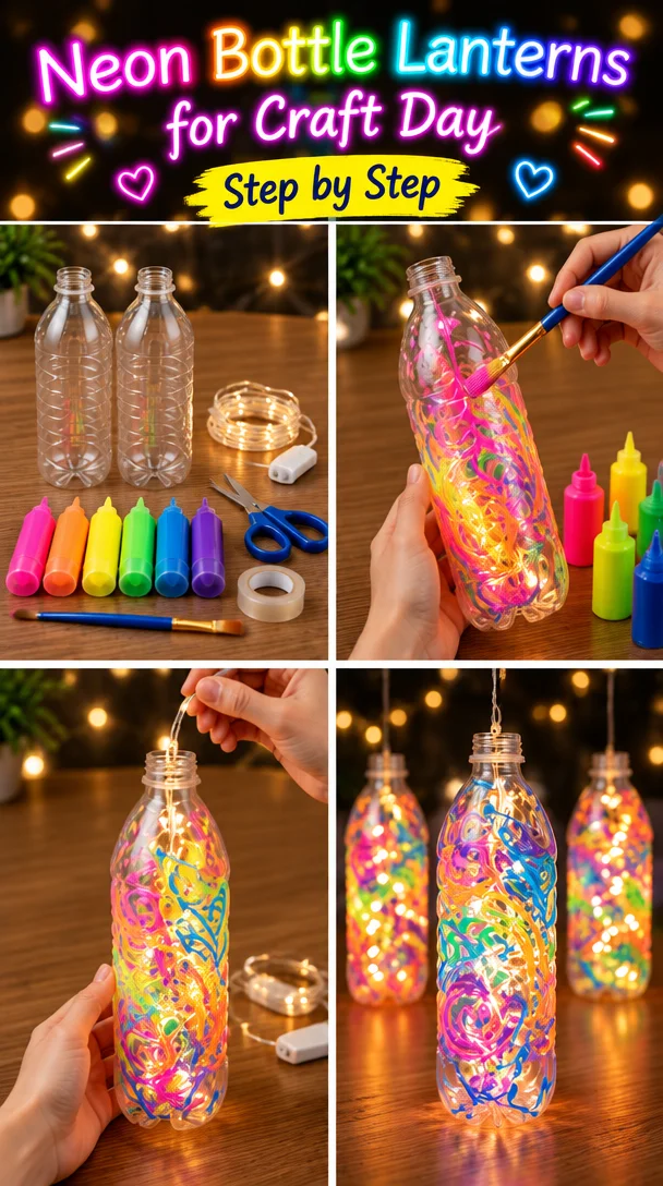 Colorful neon bottle lanterns made during craft day activity