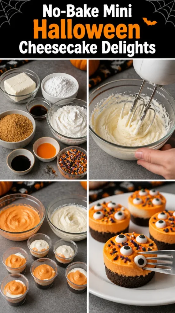 No-Bake Mini Halloween Cheesecake Delights topped with spooky decorations