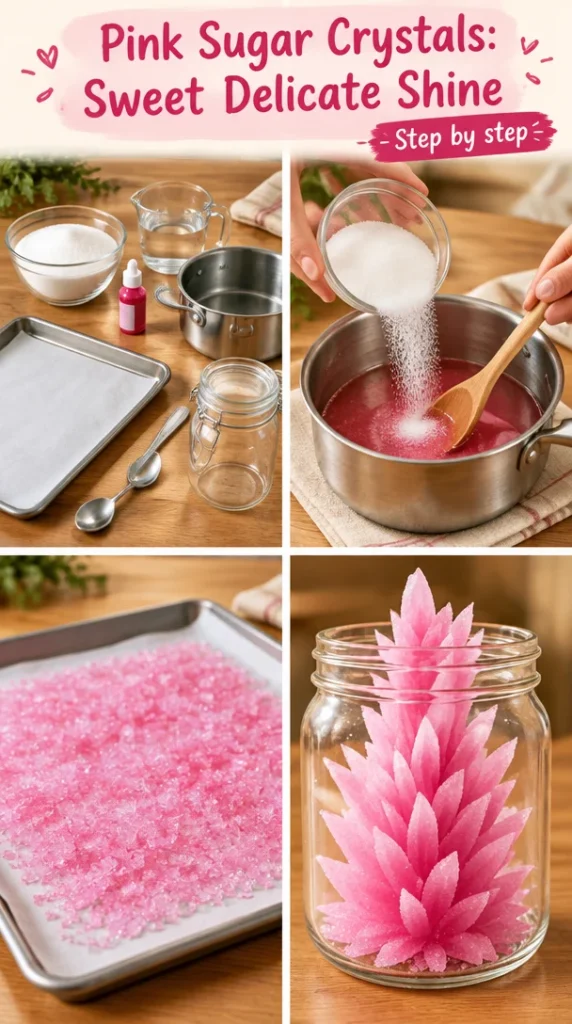 Decorative pink sugar crystals for baking and crafts, adding a sweet shine.