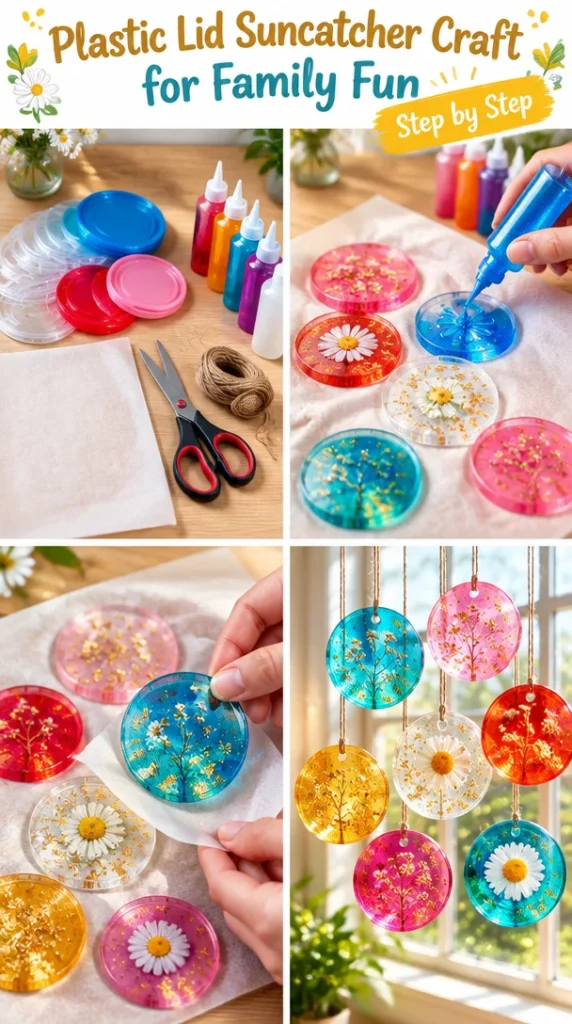 Colorful plastic lid suncatcher craft displayed in sunlight