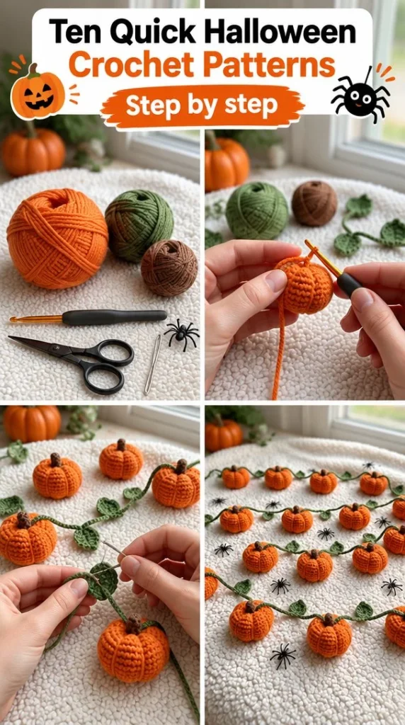 Quick Halloween crochet patterns for spooky decorations and costumes.