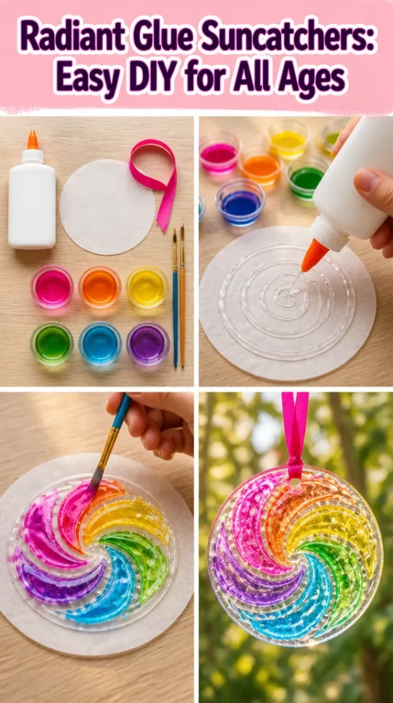 Colorful DIY suncatchers made with radiant glue for bright window displays.