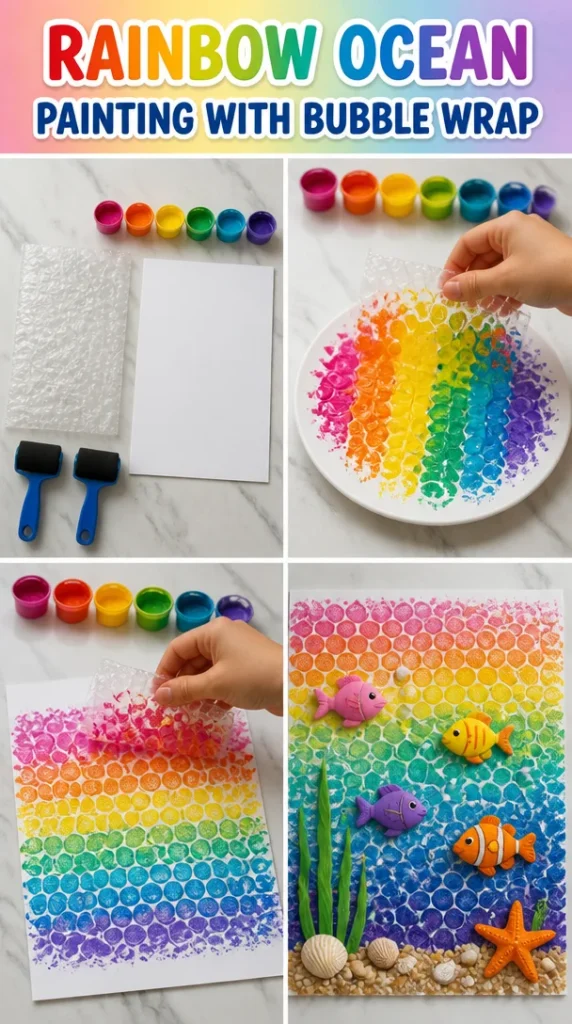 Vibrant rainbow ocean painting using bubble wrap technique.