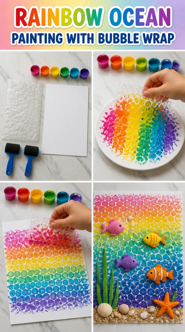 Vibrant rainbow ocean painting using bubble wrap technique.