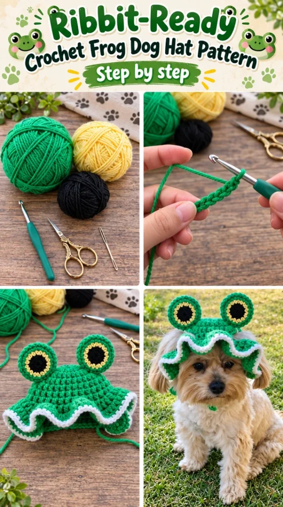 Crochet frog dog hat pattern displayed on a happy dog.