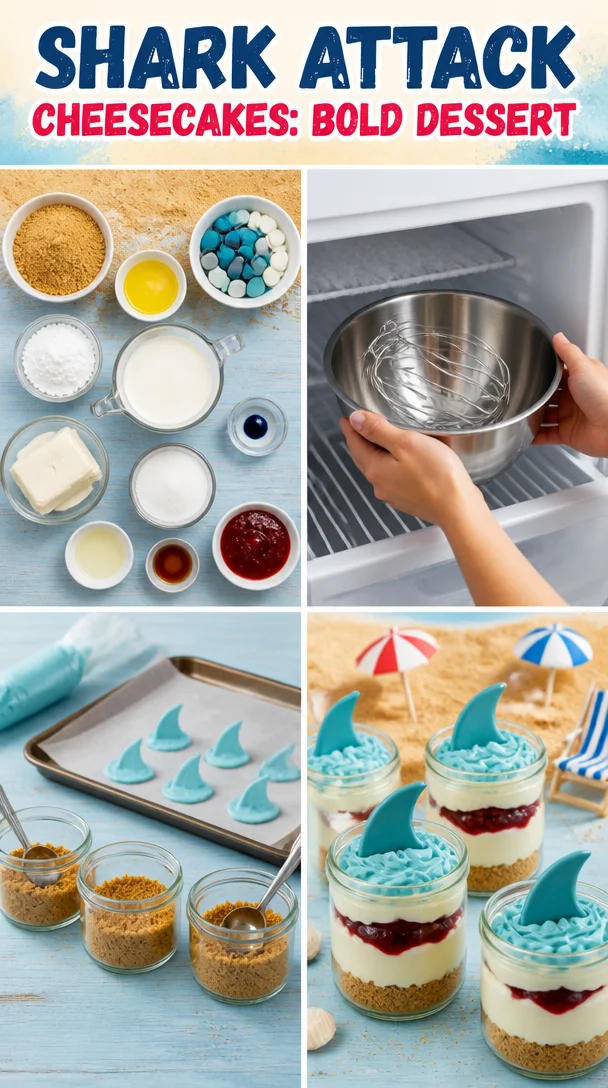 A delicious Shark Attack Cheesecake with bold decoration and vibrant colors.