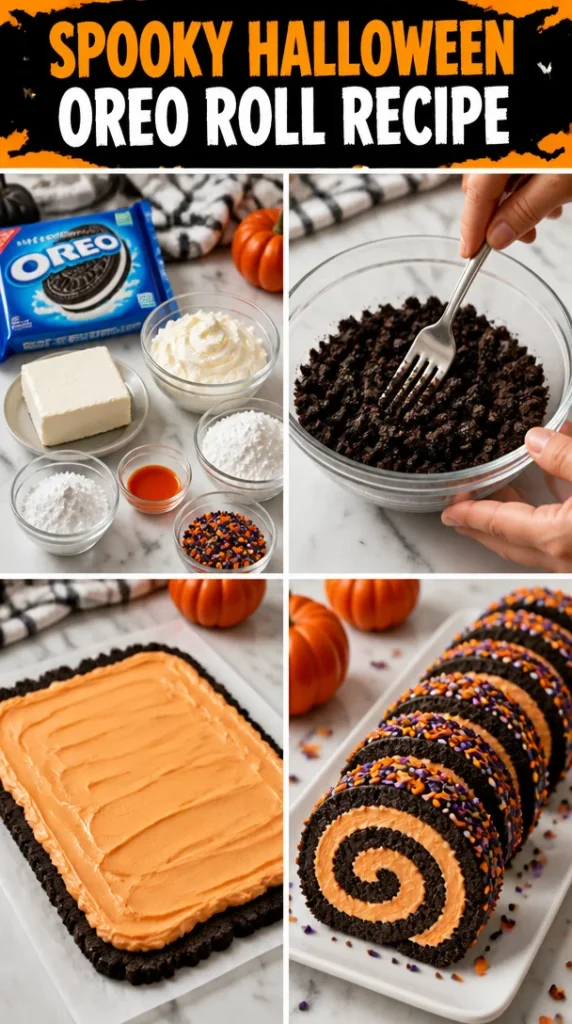 Spooky Halloween Oreo Roll decorated for a festive dessert display