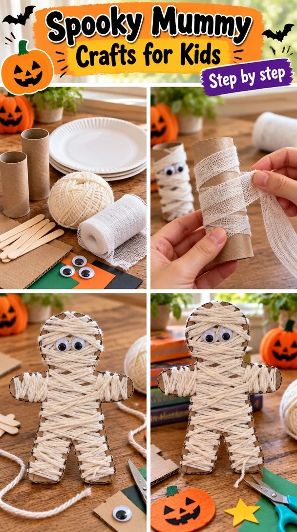Kids creating spooky mummy crafts for Halloween
