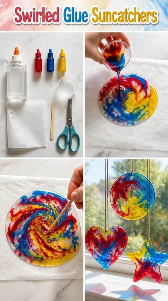 Colorful swirled glue suncatchers hanging in sunlight, creating vibrant reflections.