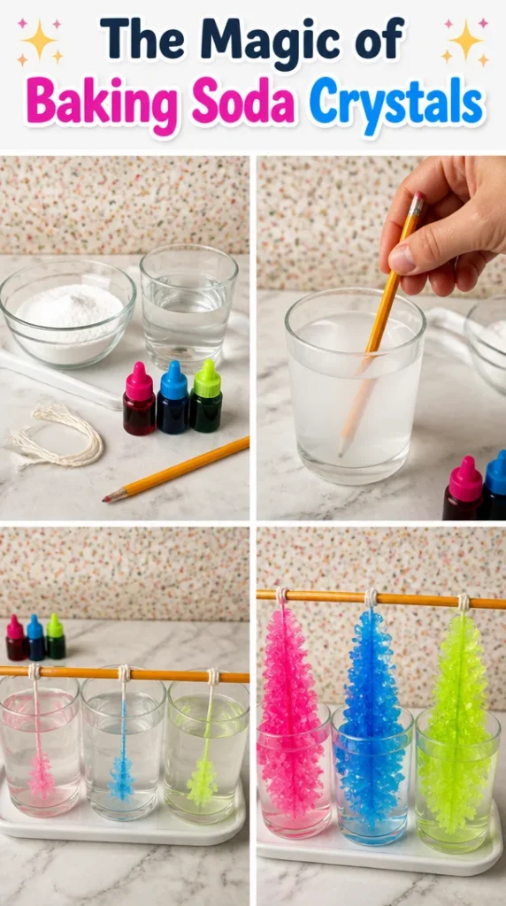 A close-up image of sparkling baking soda crystals on a wooden surface.