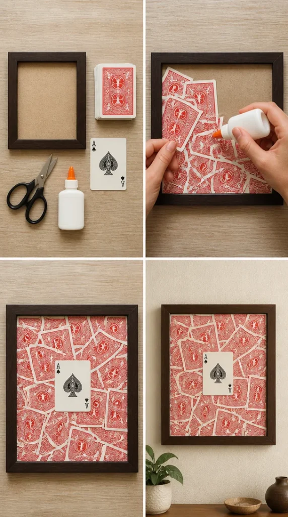 Creative wall art made from playing cards, showcasing unique design and style.