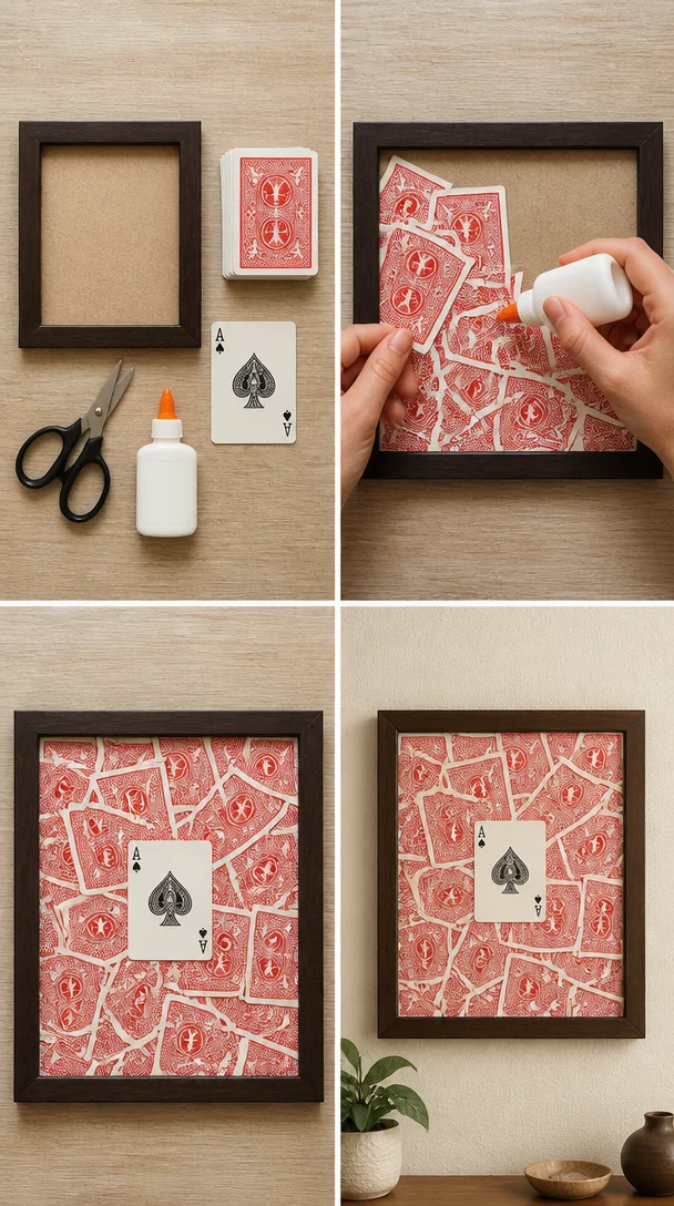 Creative wall art made from playing cards, showcasing unique design and style.