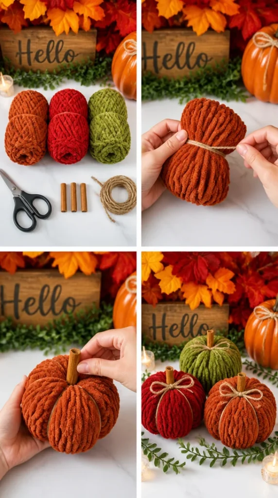 Handcrafted yarn autumn pumpkins for fall decoration
