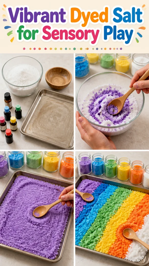 Vibrant dyed salt in various colors for sensory play activities.