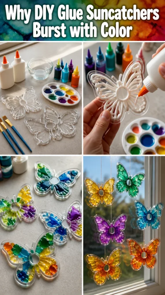 Colorful DIY glue suncatchers catching sunlight
