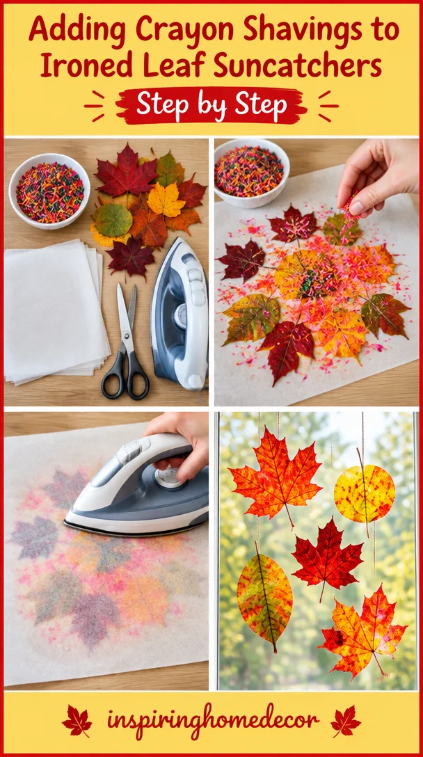 adding crayon shavings to ironed leaf suncatchers