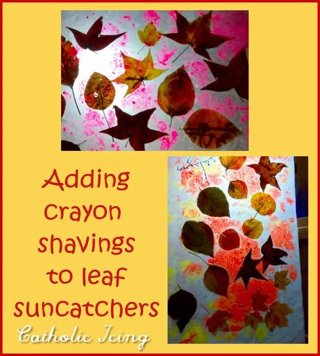 adding crayon shavings to ironed leaf suncatchers