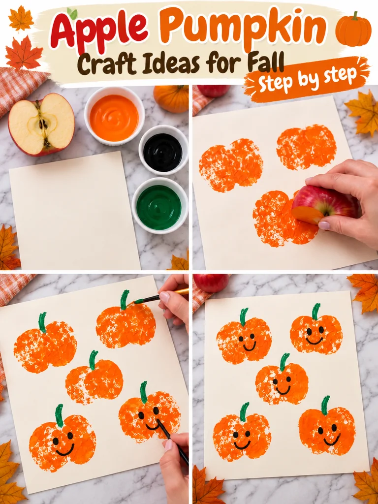 Colorful pumpkin craft ideas alongside apple-themed decorations for fall