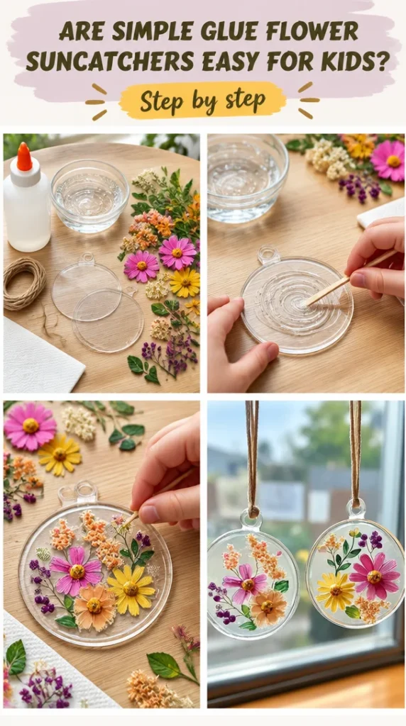 Colorful flower suncatchers made with simple glue, perfect craft for kids