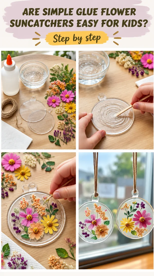 Colorful flower suncatchers made with simple glue, perfect craft for kids