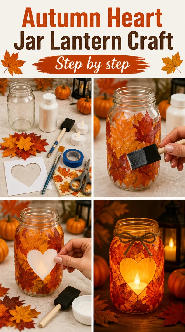 DIY Autumn Heart Jar Lantern Craft for fall decor