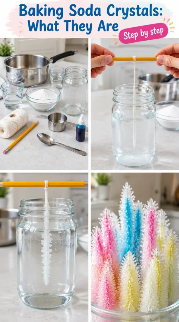 Baking soda crystals in a clear container showcasing their texture and color.