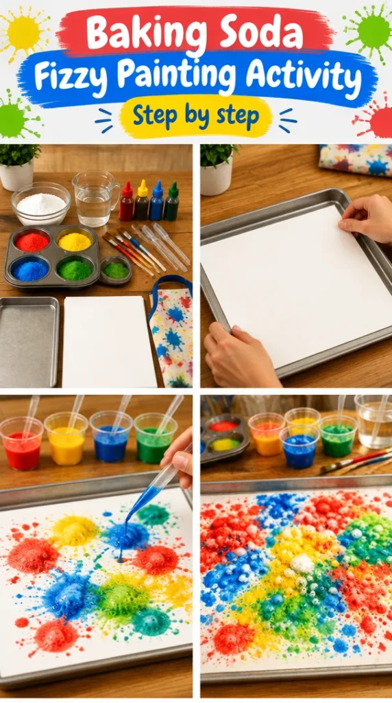 Child enjoying baking soda fizzy painting activity with colorful bubbly art.