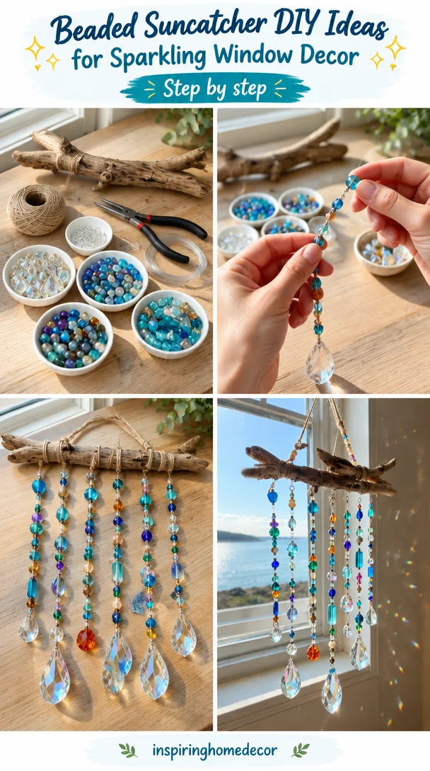 Colorful beaded suncatcher hanging in a sunlit window, creating vibrant reflections.