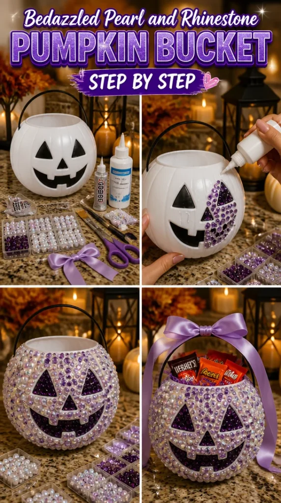 Bedazzled pearl and rhinestone pumpkin bucket for Halloween décor