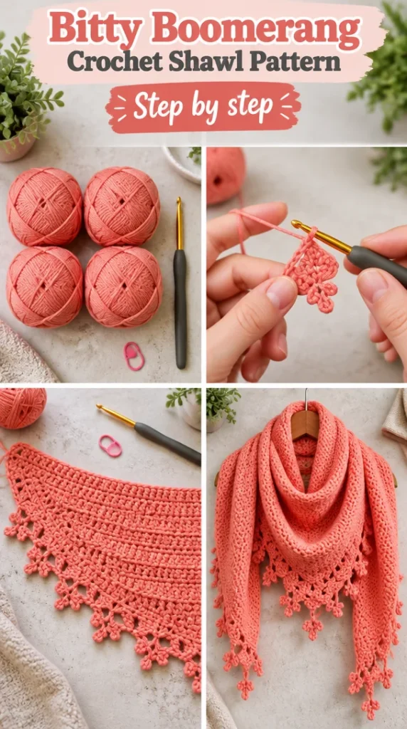 Bitty Boomerang Crochet Shawl Pattern showcasing a colorful crochet shawl design.