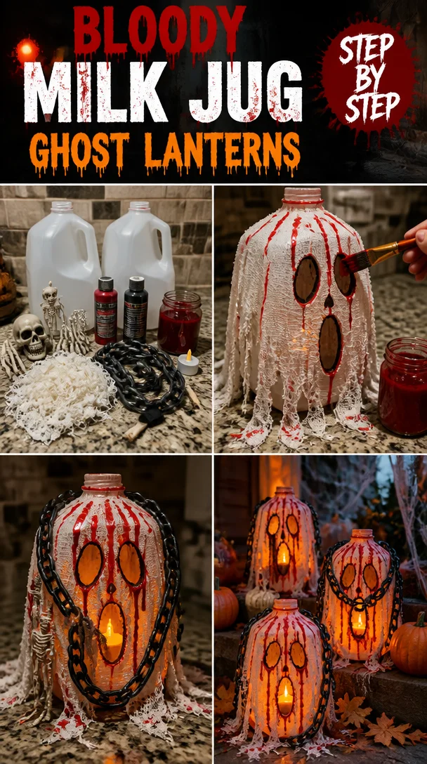 Creepy ghost lanterns made from milk jugs with cheesecloth and blood effects
