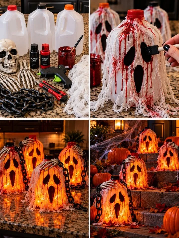 Bloody Milk Jug Ghost Lanterns

Turn empty gallon milk jugs into creepy glowing ghost lanterns with tattered cheesecloth, dripping blood effects, chains, and skeleton accents. These budget-friendly Ha...