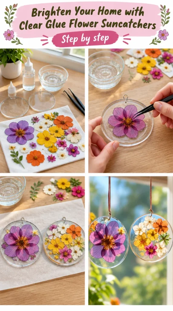 Colorful flower suncatchers made with clear glue hanging in sunlight