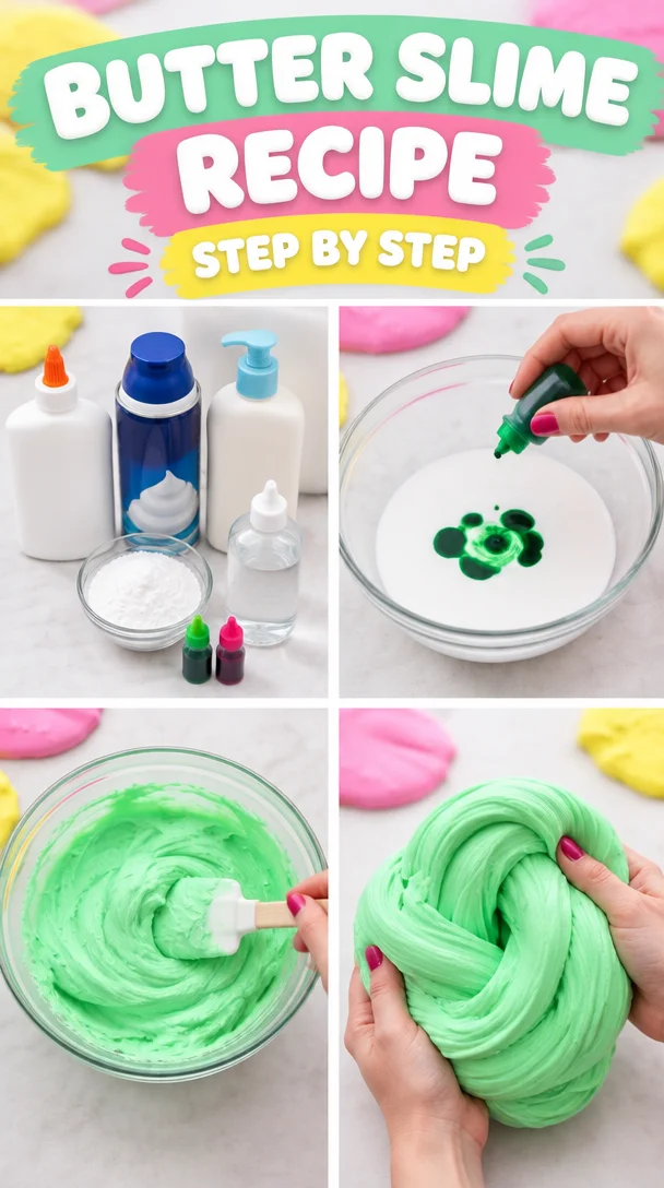 Homemade Butter Slime recipe with vibrant colors and smooth texture.