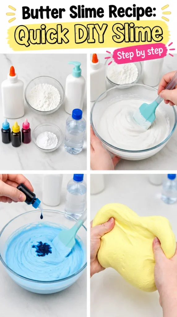 Easy homemade Butter Slime recipe ingredients and final product