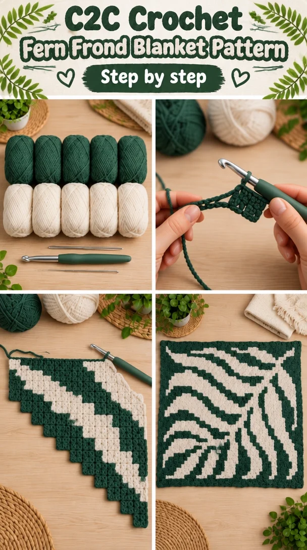 C2C crochet fern frond blanket pattern showcasing vibrant green colors.
