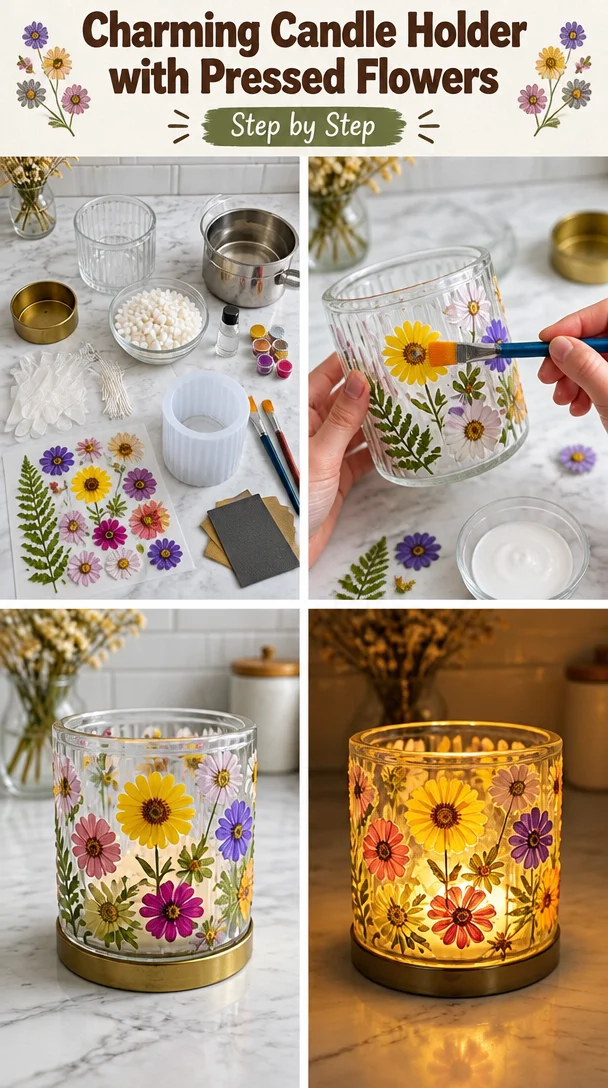Charming candle holder featuring pressed flowers for elegant home decor