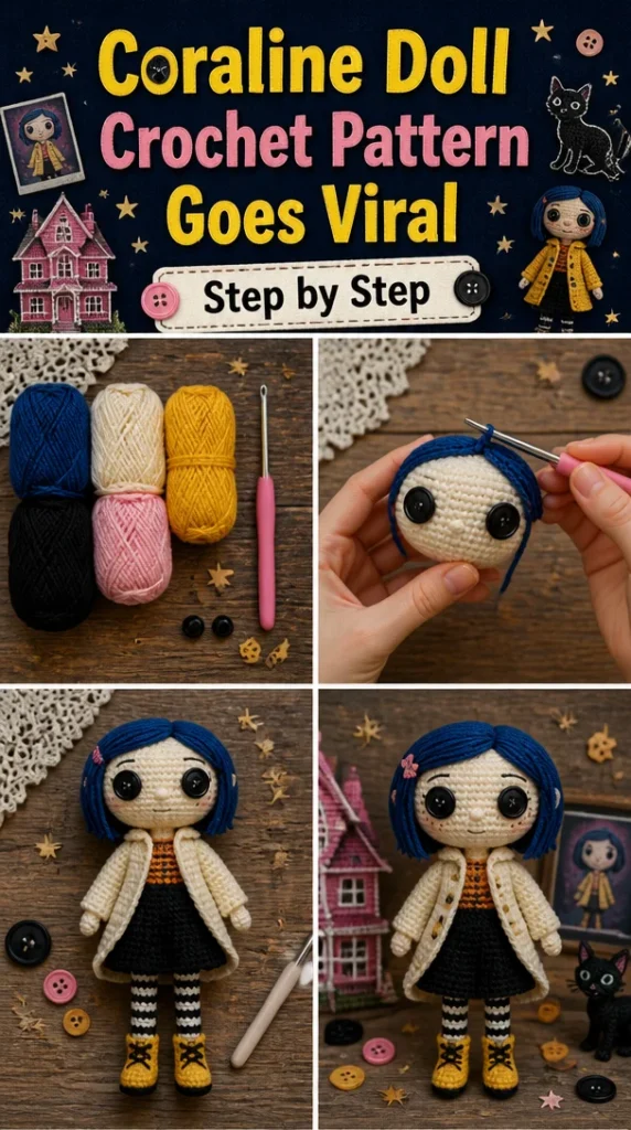 Handcrafted Coraline doll crochet pattern for enthusiasts and fans.