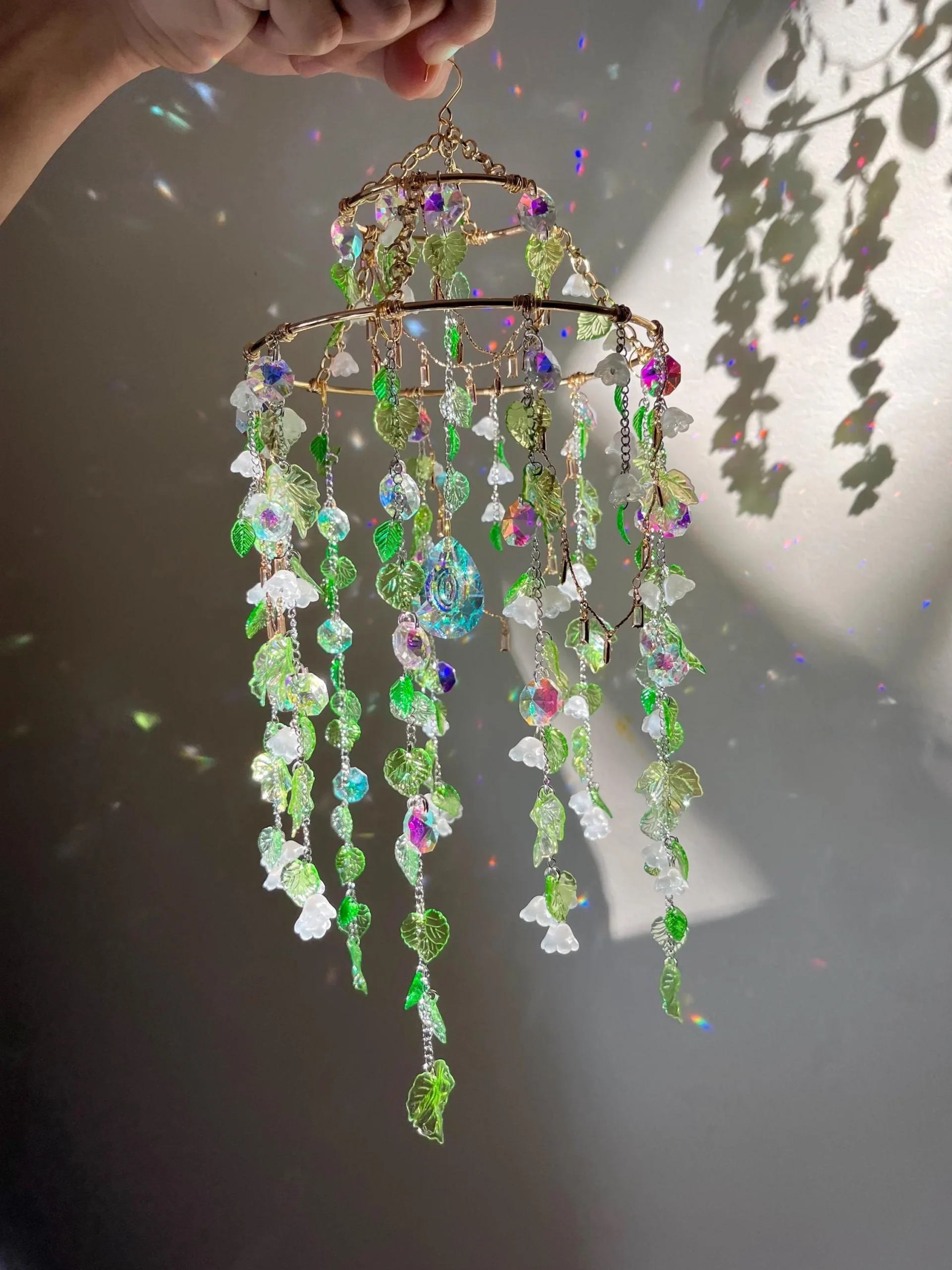 Cottagecore suncatcher, Lily of the valley suncatcher, fairycore crystal suncatcher, leaf suncatcher round