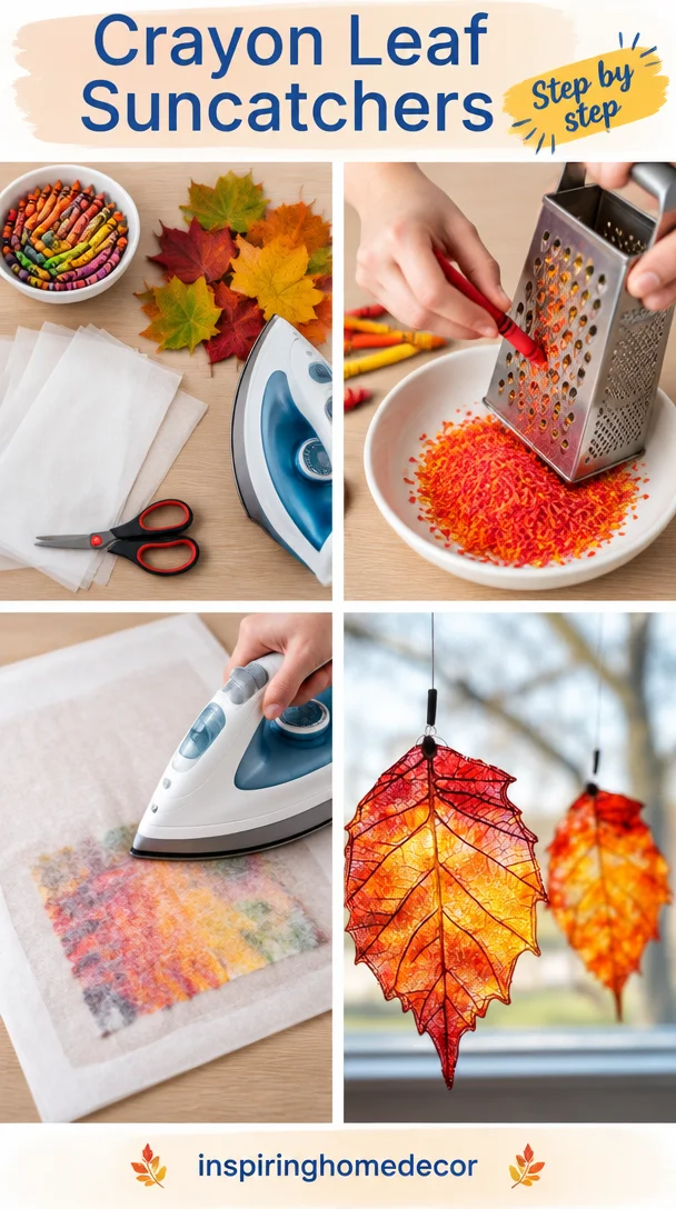 Colorful crayon leaf suncatchers hanging in sunlight