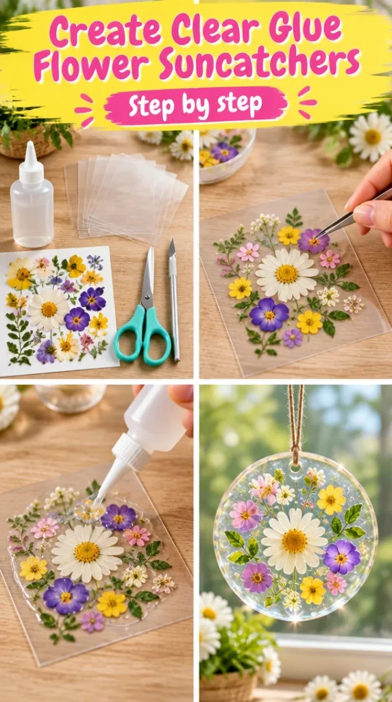 Clear glue flower suncatchers displayed in vibrant colors catching sunlight.