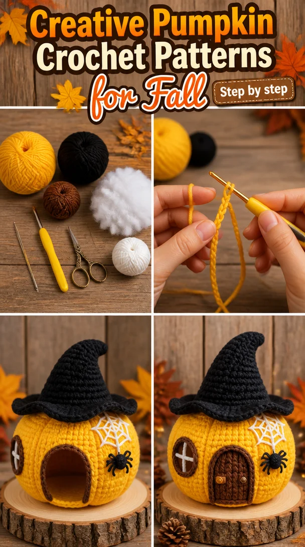 Colorful crochet pumpkins in various sizes for autumn decorations