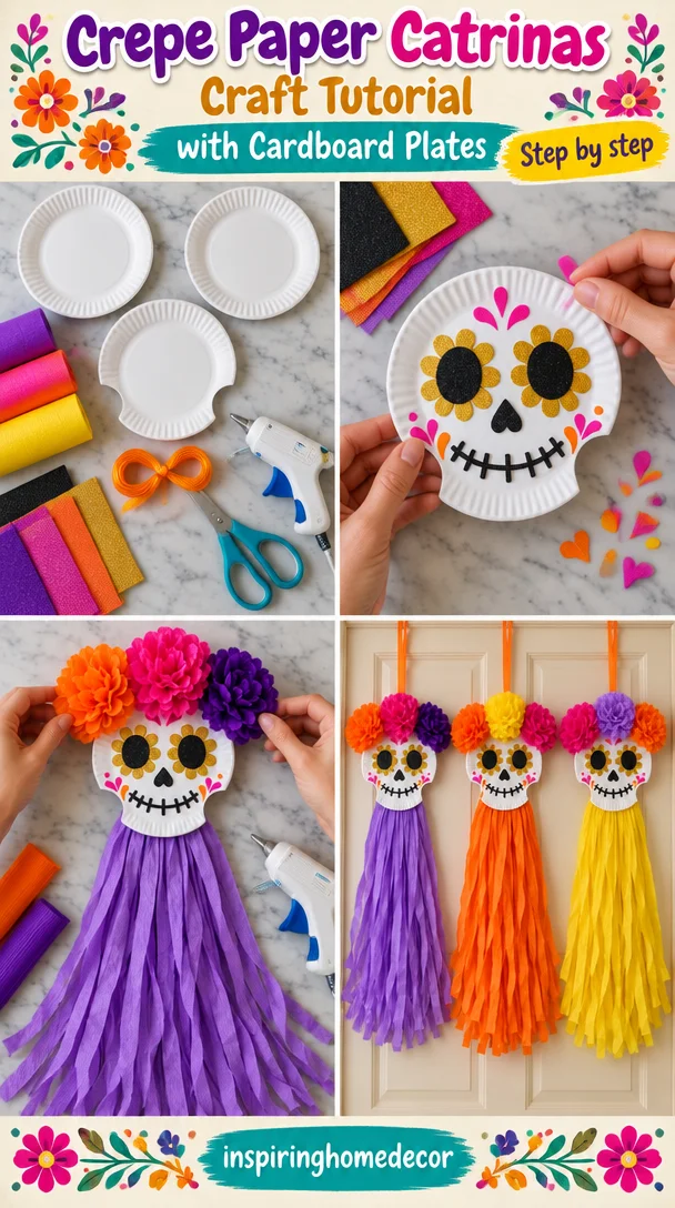 🌼💜🧡 CATRINAS DE PAPEL CREPÉ 🩷🧡🌼

✅ Materiales:

3 platos de cartón 
Papel crepé de varios colores
Foami diamantado de varios colores
Lazo o hilo color naranja
Silicón
Tijeras

🌼 Preparación:

1...