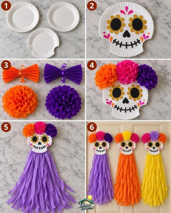 🌼💜🧡 CATRINAS DE PAPEL CREPÉ 🩷🧡🌼

✅ Materiales:

3 platos de cartón 
Papel crepé de varios colores
Foami diamantado de varios colores
Lazo o hilo color naranja
Silicón
Tijeras

🌼 Preparación:

1...